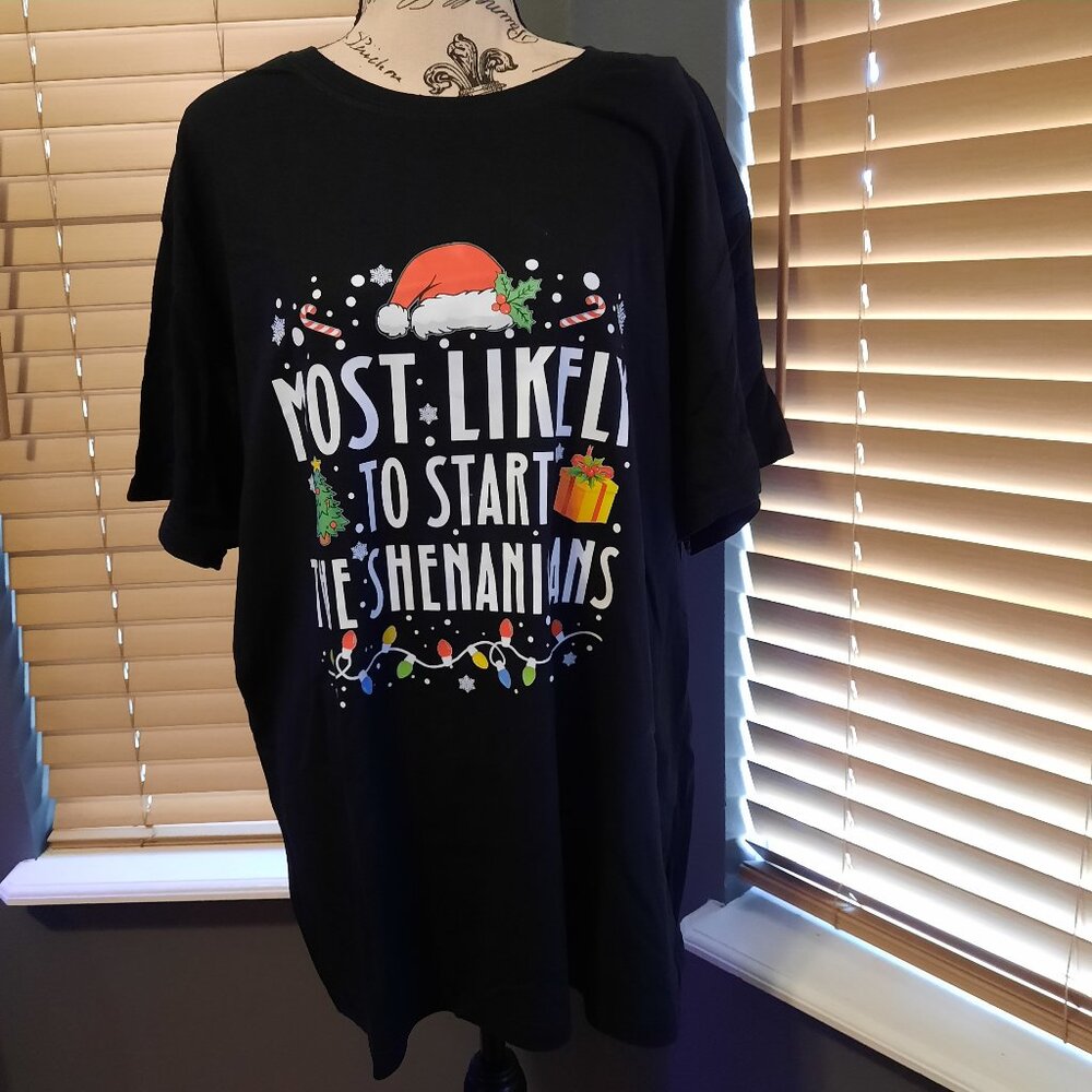 New Christmas T-Shirt Most Likely To Start The Shenanigans Cotton Holiday Shirt